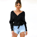 YESFASHION Women Cropped Pullover Sexy V-neck Knit Tops