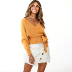 YESFASHION Women Cropped Pullover Sexy V-neck Knit Tops