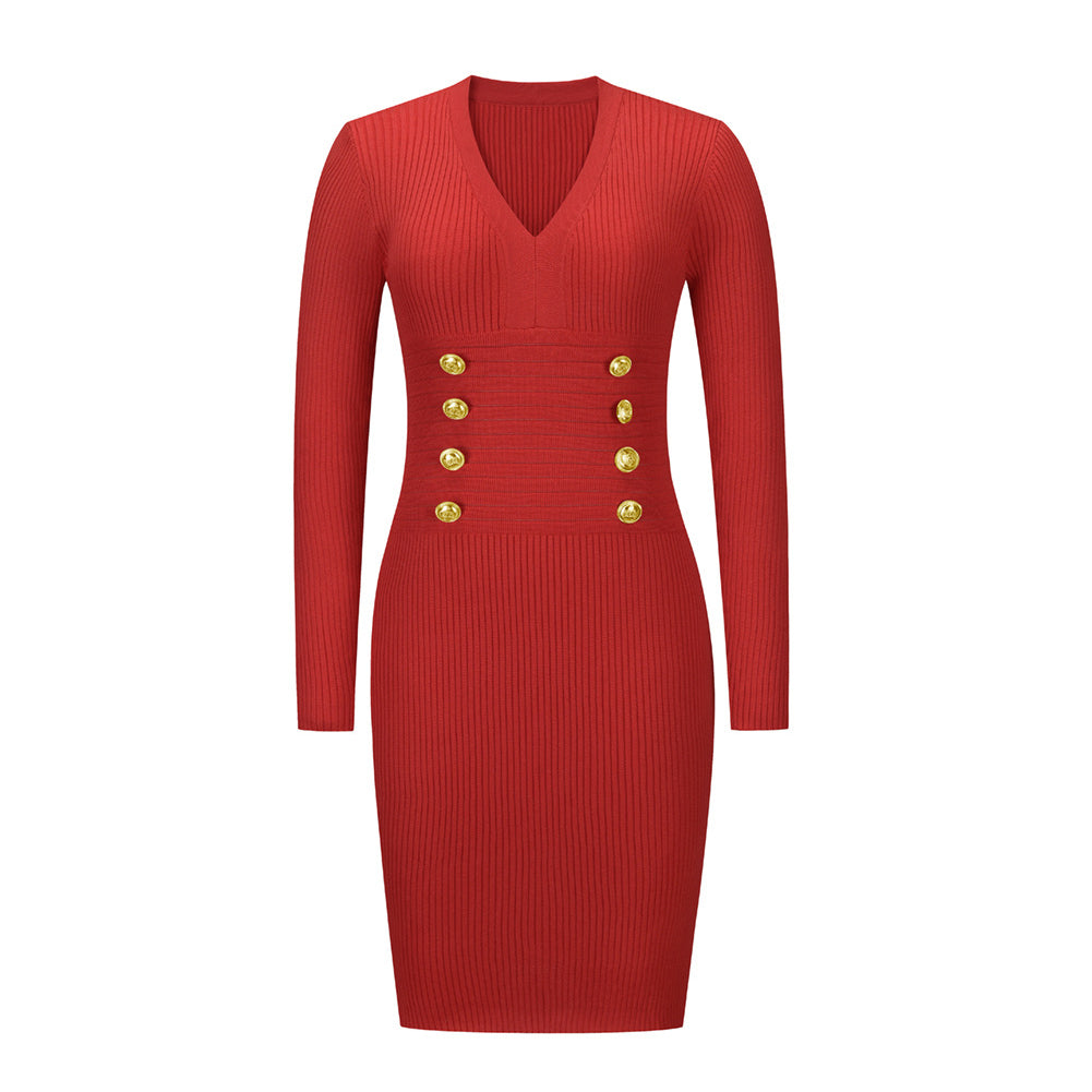 YESFASHION V-neck Double Breasted Knit Sweaters Dress