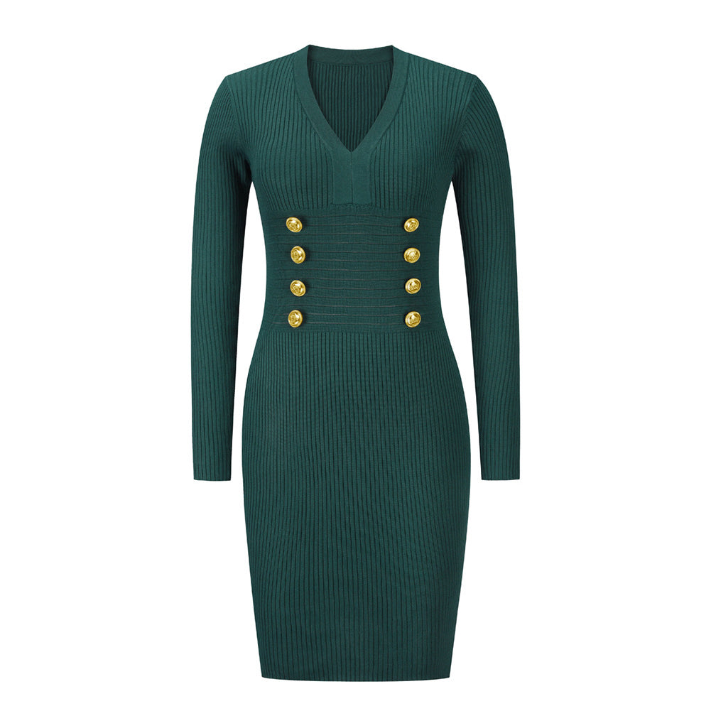 YESFASHION V-neck Double Breasted Knit Sweaters Dress