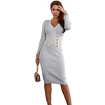 YESFASHION V-neck Double Breasted Knit Sweaters Dress