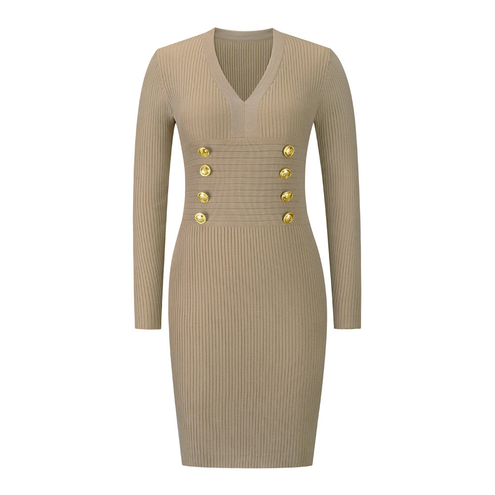 YESFASHION V-neck Double Breasted Knit Sweaters Dress