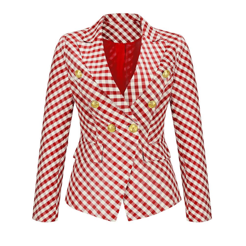 YESFASHION Women Plaid Double Breasted Jacket Coats
