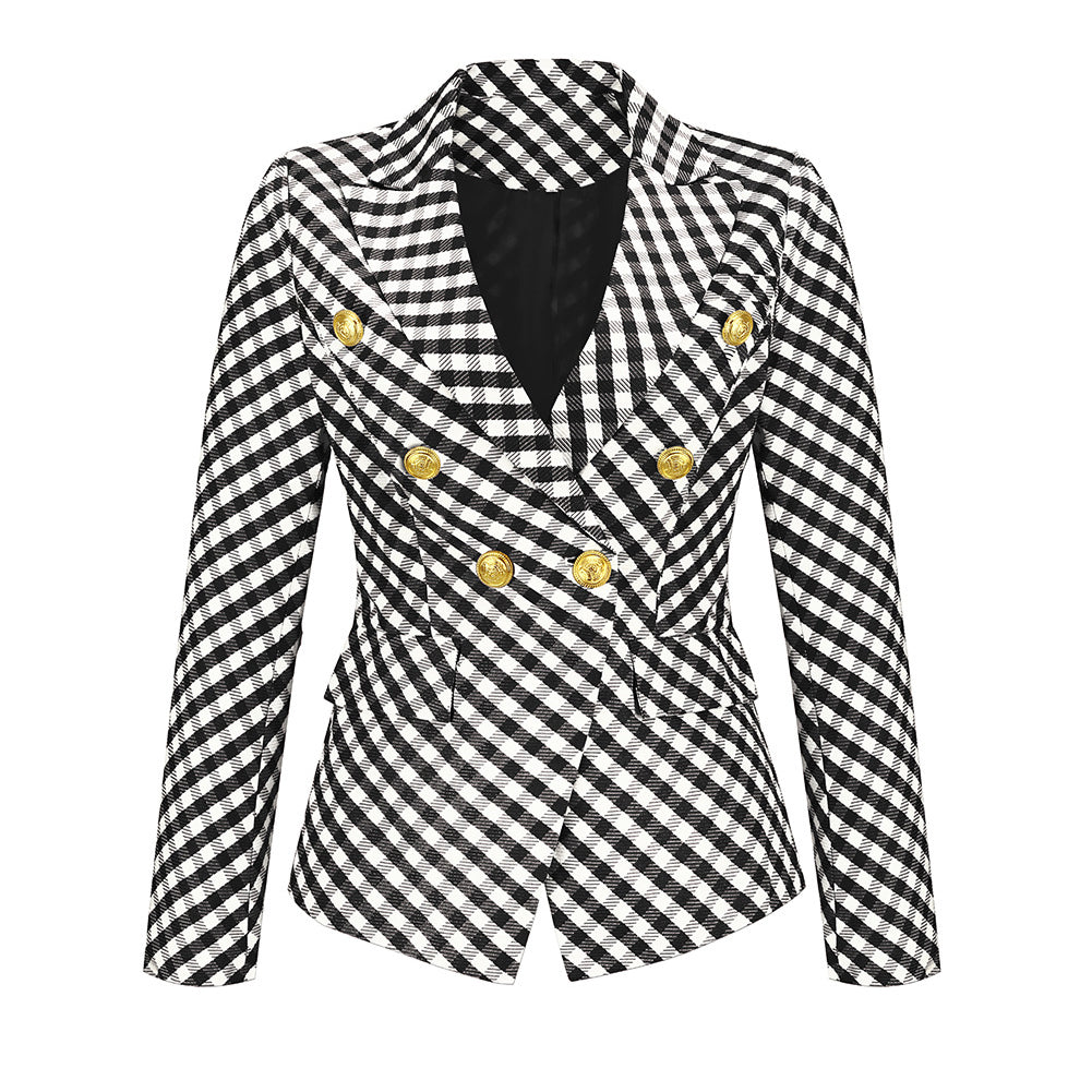 YESFASHION Women Plaid Double Breasted Jacket Coats