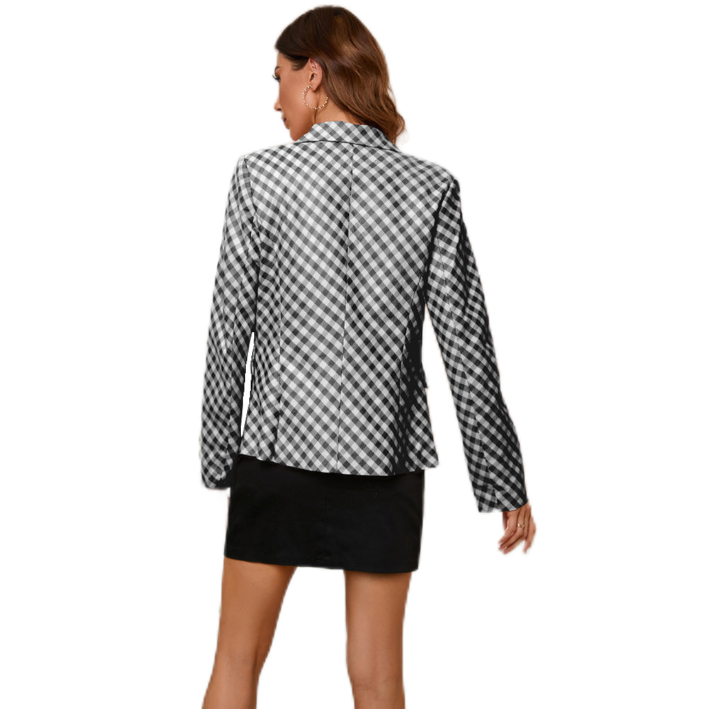 YESFASHION Women Plaid Double Breasted Jacket Coats