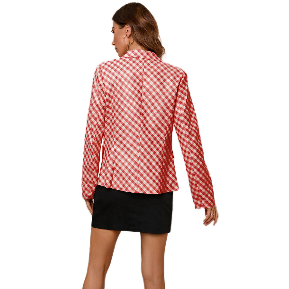 YESFASHION Women Plaid Double Breasted Jacket Coats