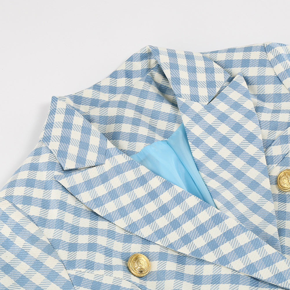 YESFASHION Women Plaid Double Breasted Jacket Coats