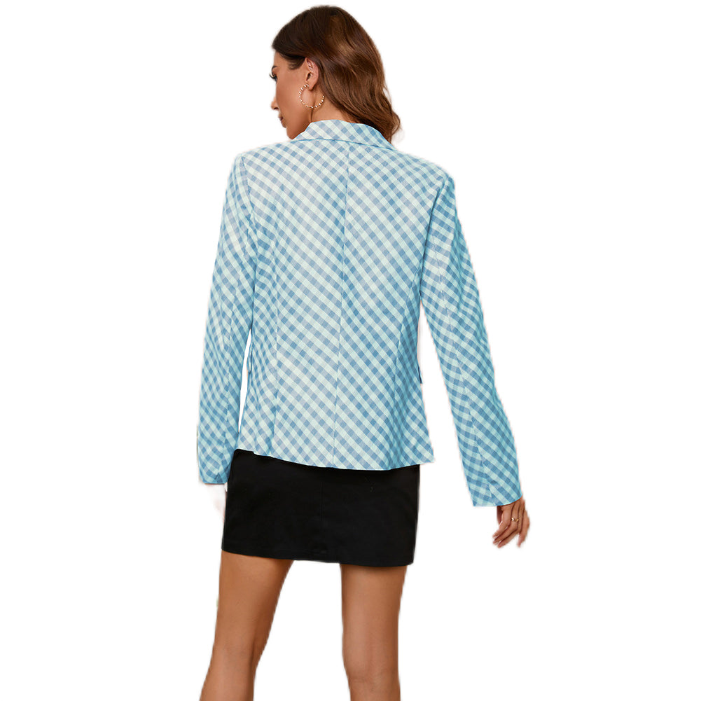 YESFASHION Women Plaid Double Breasted Jacket Coats