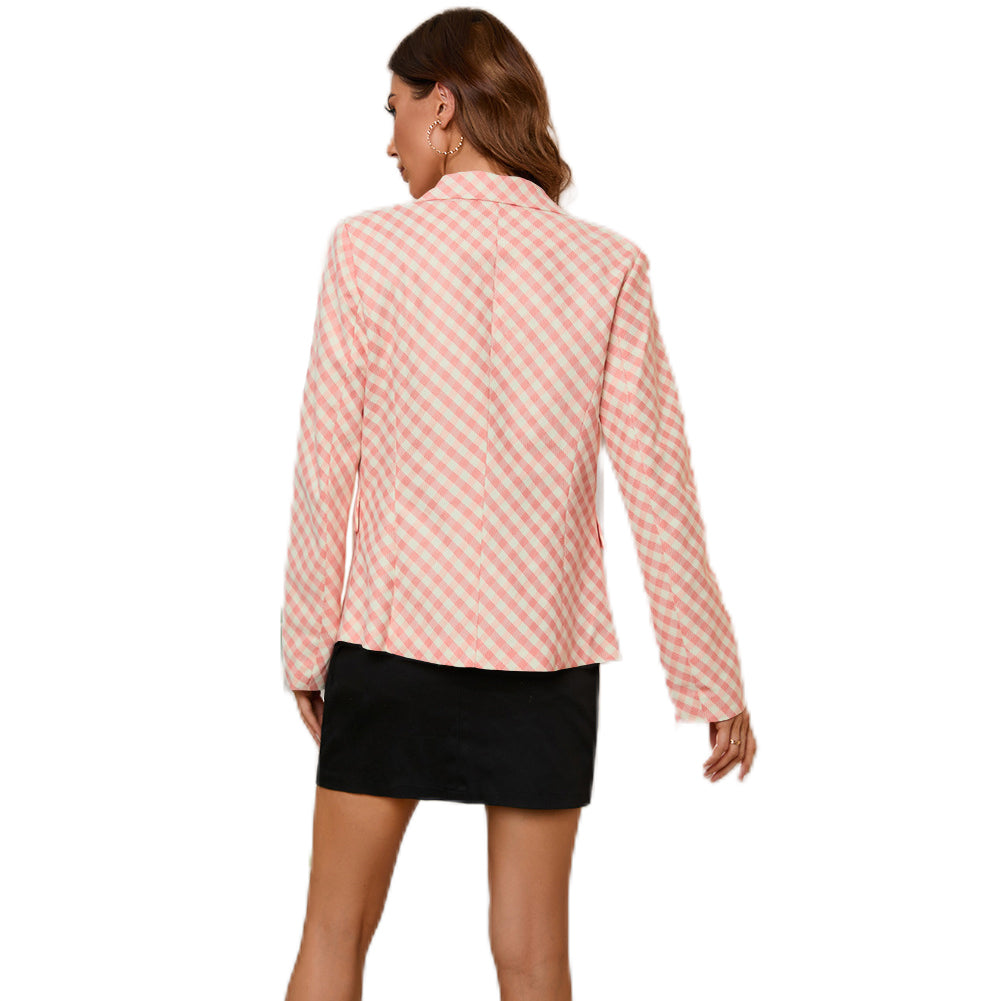 YESFASHION Women Plaid Double Breasted Jacket Coats