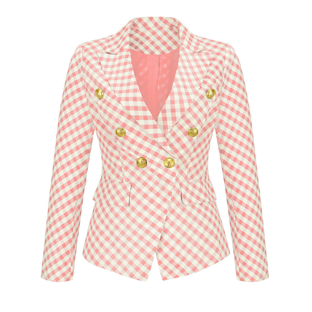 YESFASHION Women Plaid Double Breasted Jacket Coats