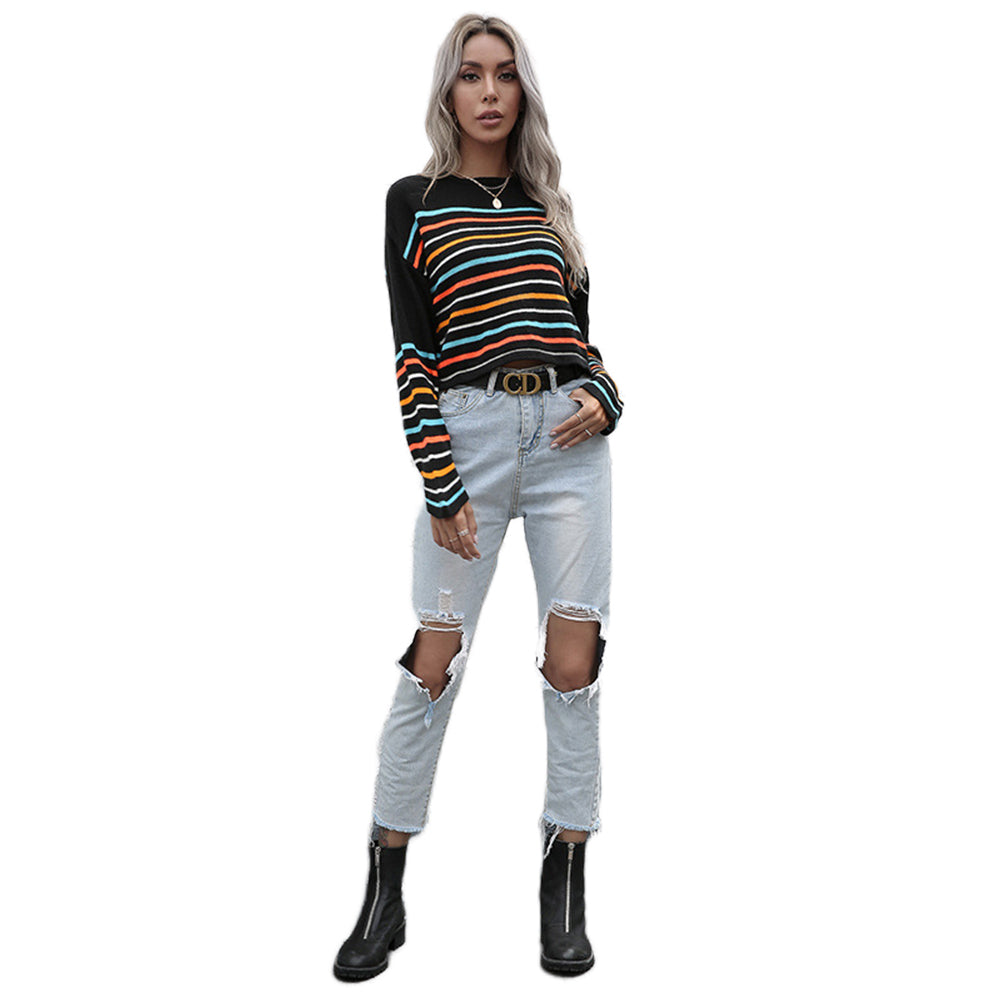 YESFASHION Colorful Striped Tops Women Knitted Sweaters