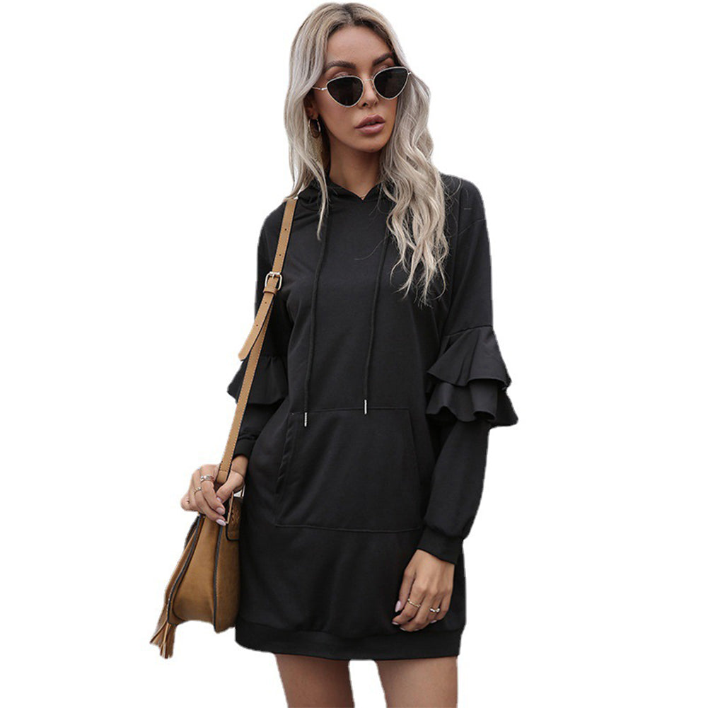 YESFASHION Cross Border Ruffle Panel Hooded Sweater Dress