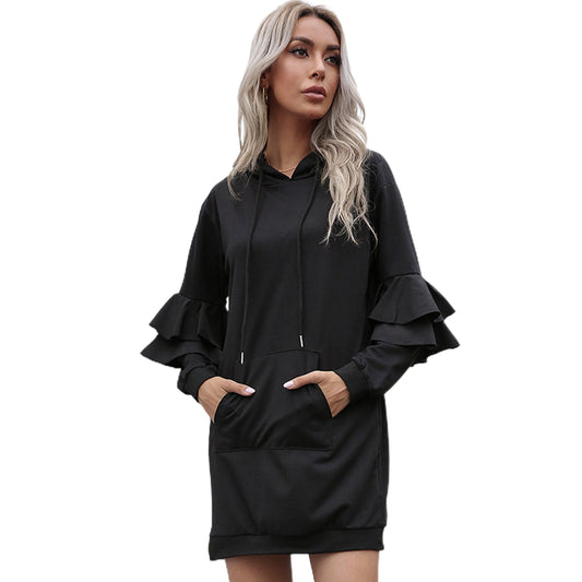 YESFASHION Cross Border Ruffle Panel Hooded Sweater Dress