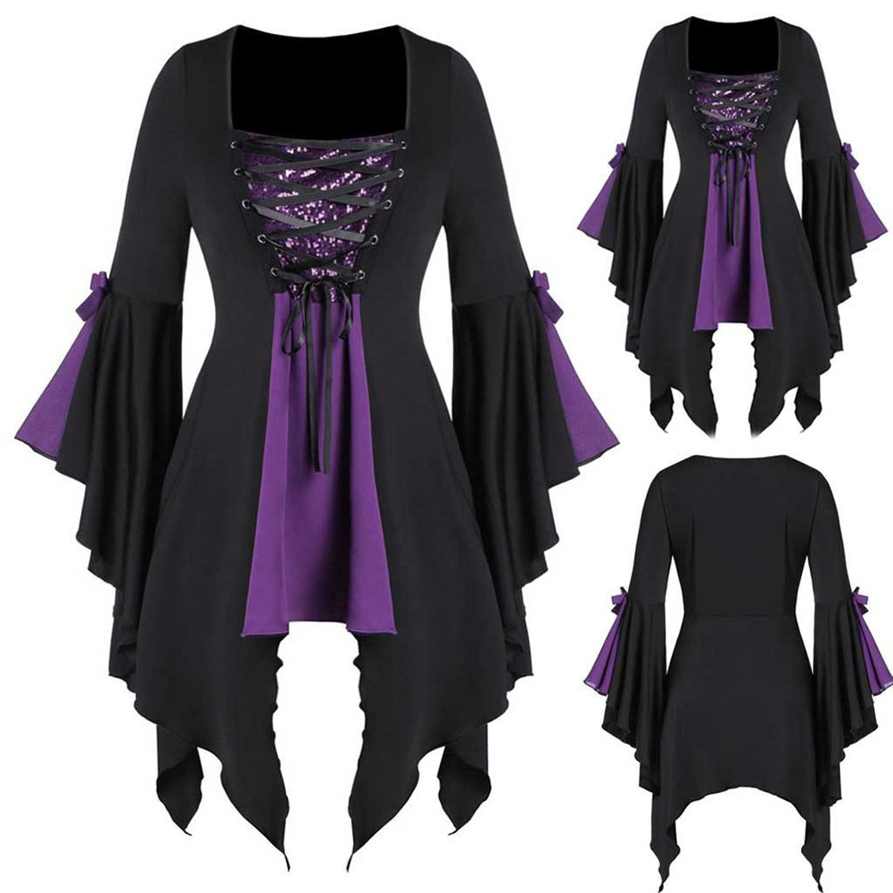 YESFASHION Halloween Witch Top Irregular Lace Sequin Statement Tops