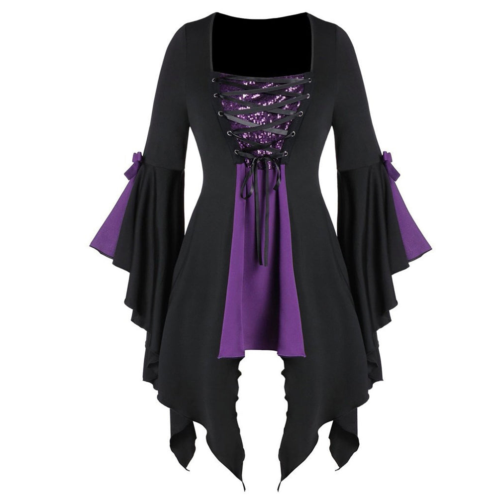 YESFASHION Halloween Witch Top Irregular Lace Sequin Statement Tops