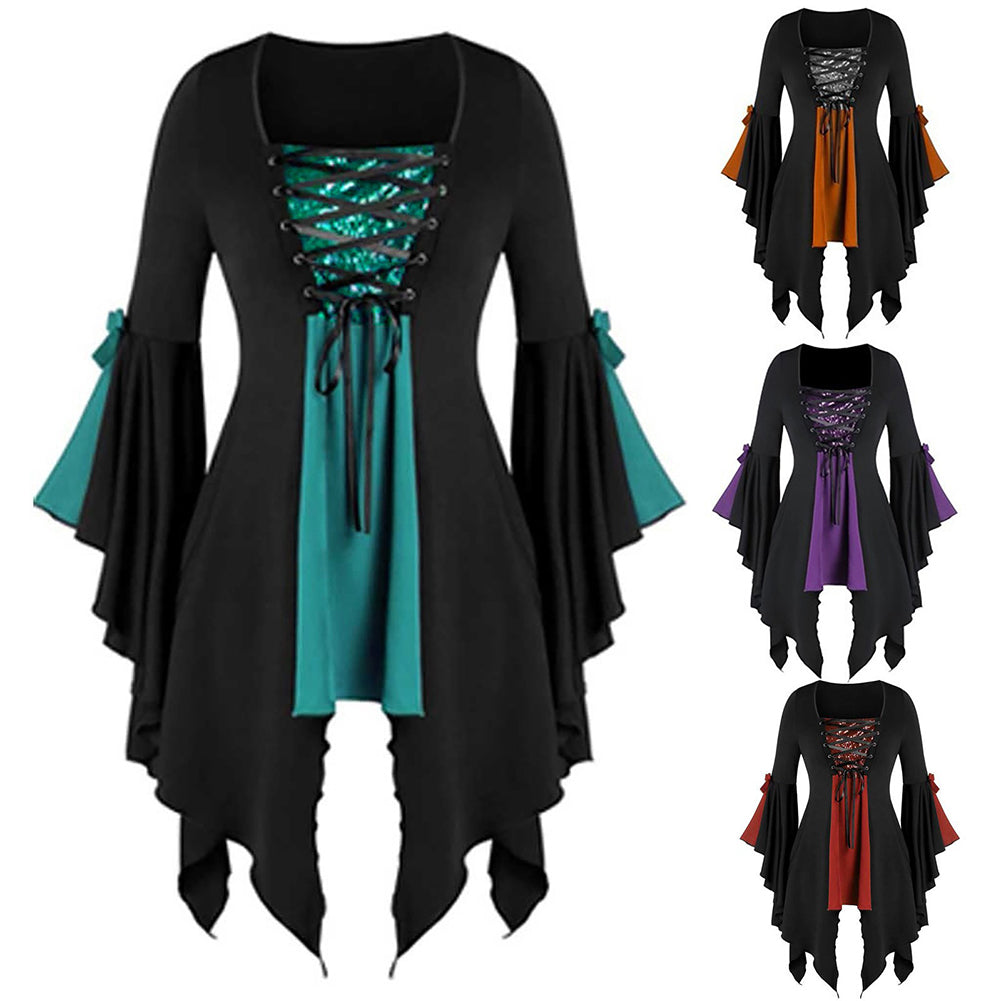 YESFASHION Halloween Witch Top Irregular Lace Sequin Statement Tops