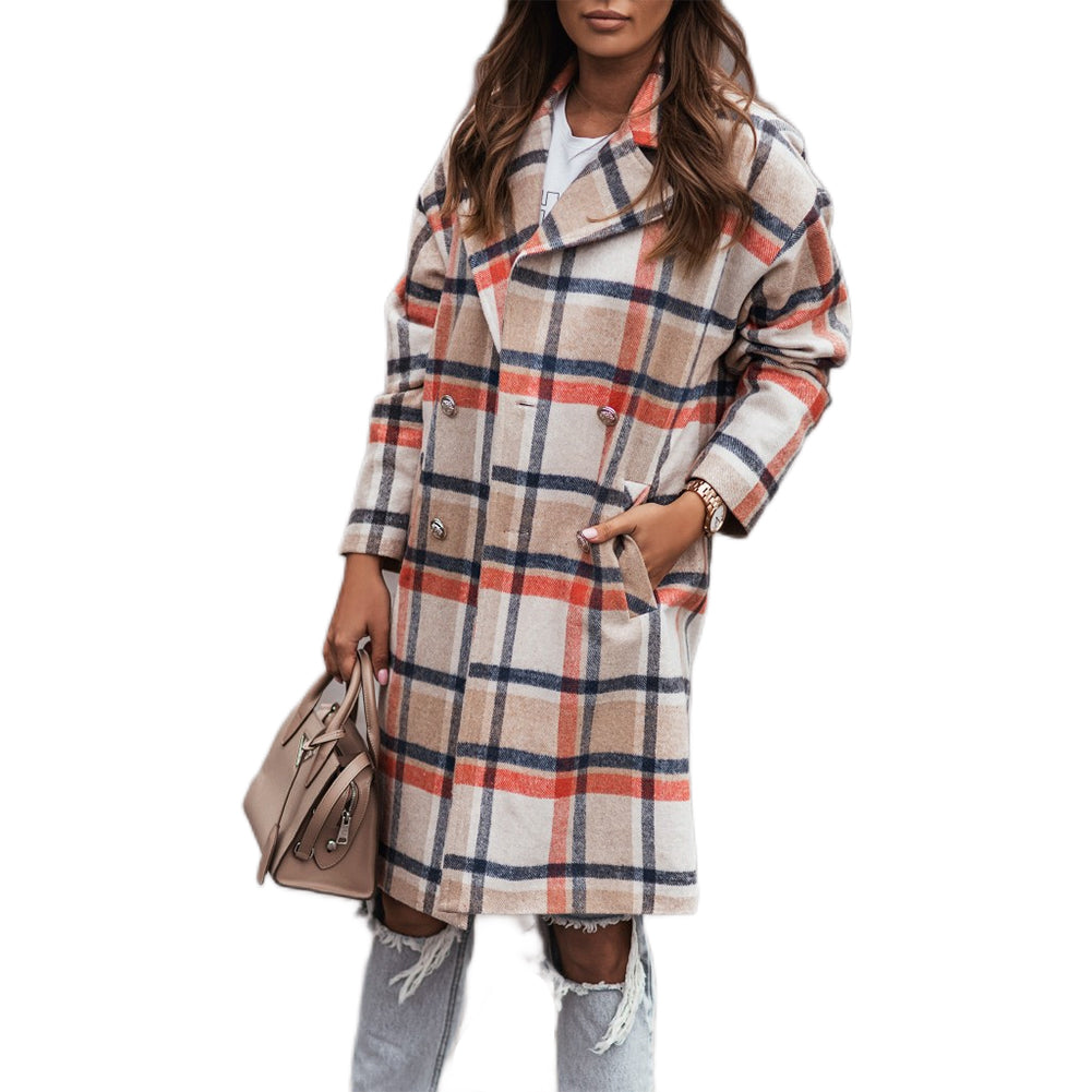 YESFASHION Long-sleeve Woolen Mid-length Plaid Coats