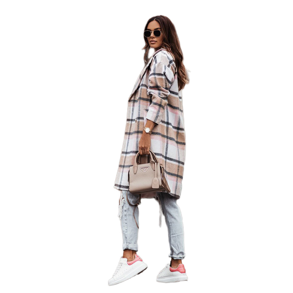 YESFASHION Long-sleeve Woolen Mid-length Plaid Coats