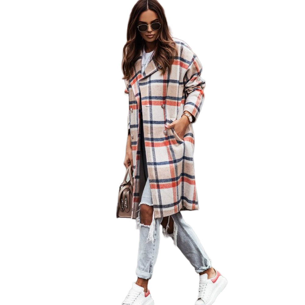 YESFASHION Long-sleeve Woolen Mid-length Plaid Coats