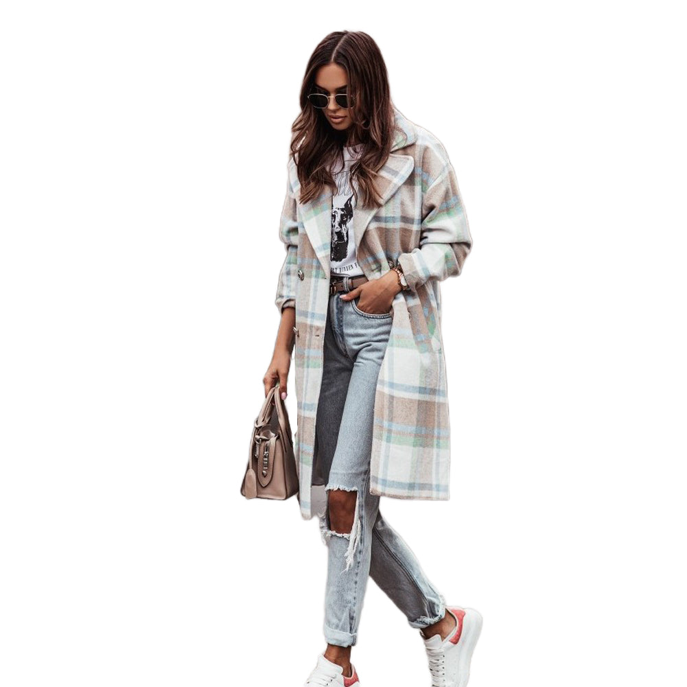 YESFASHION Long-sleeve Woolen Mid-length Plaid Coats