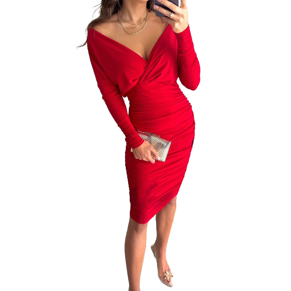YESFASHION Long Sleeve V Neck Sexy Waist Pack Hip Dress