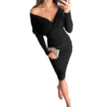 YESFASHION Long Sleeve V Neck Sexy Waist Pack Hip Dress
