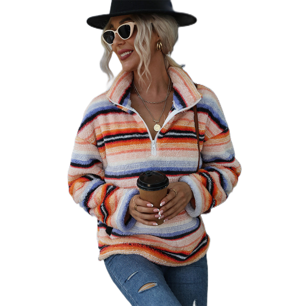 YESFASHION Fleece Striped Print Plush Pullover Sweatshirts