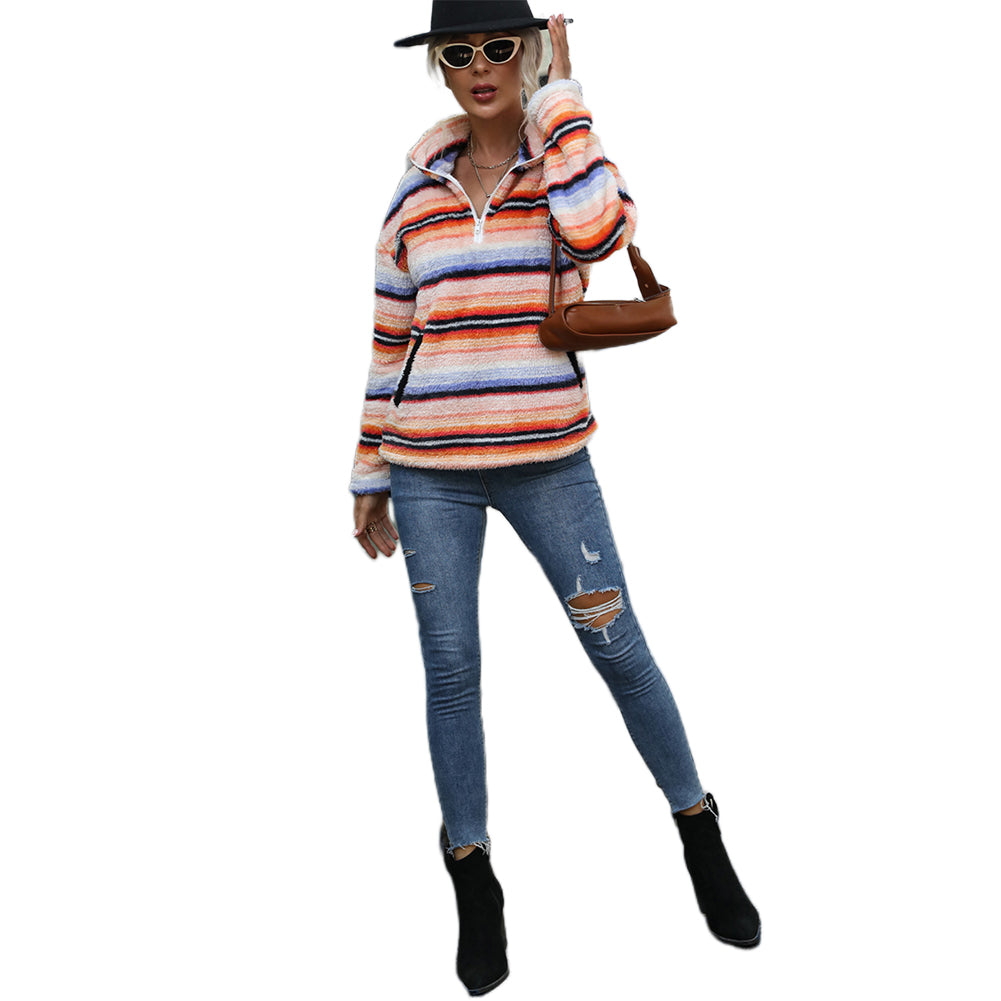 YESFASHION Fleece Striped Print Plush Pullover Sweatshirts