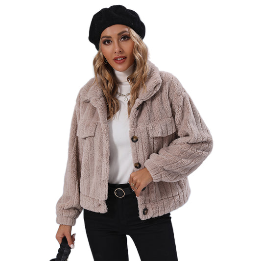 YESFASHION Women Coats Lapel Loose Face Fleece Casual Jacket