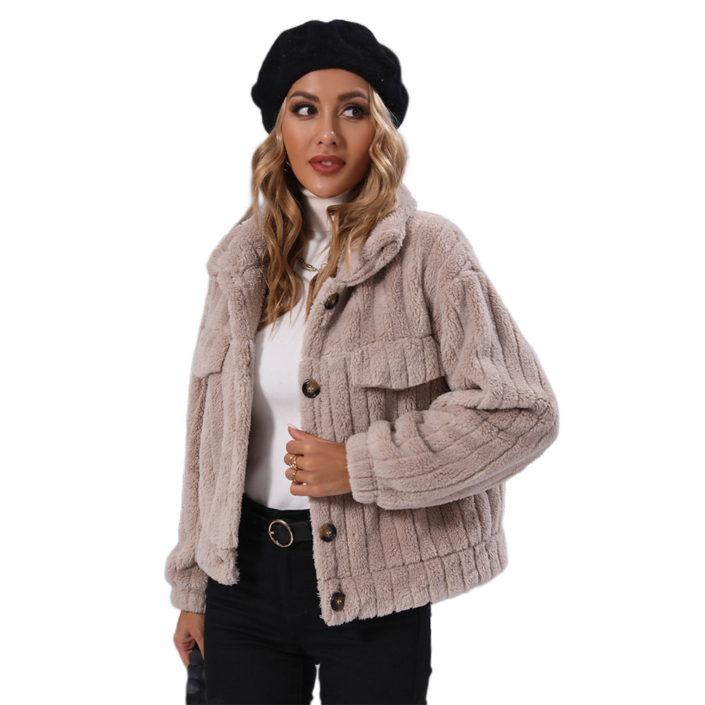 YESFASHION Women Coats Lapel Loose Face Fleece Casual Jacket