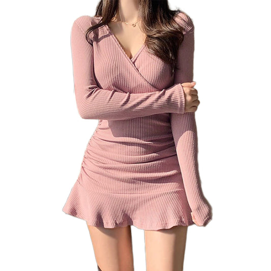 YESFASHION Ruffled V-neck Long-sleeve Dress