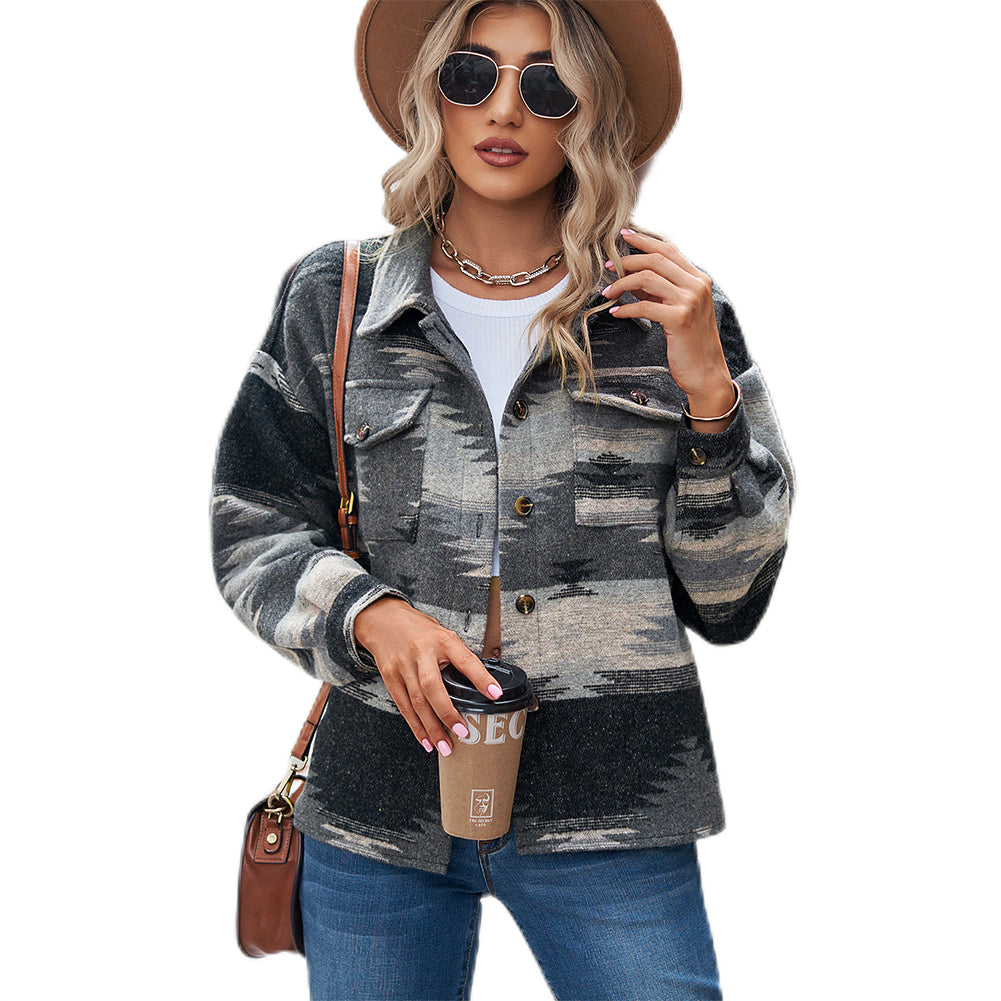 YESFASHION Cropped Loose Lapel Pocket Button Women Woolen Coats