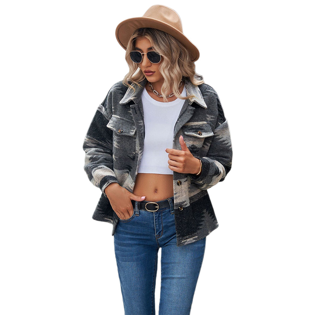 YESFASHION Cropped Loose Lapel Pocket Button Women Woolen Coats