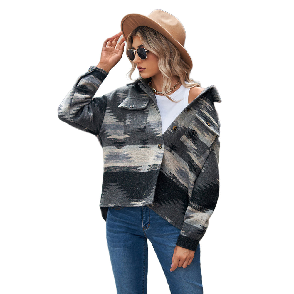 YESFASHION Cropped Loose Lapel Pocket Button Women Woolen Coats