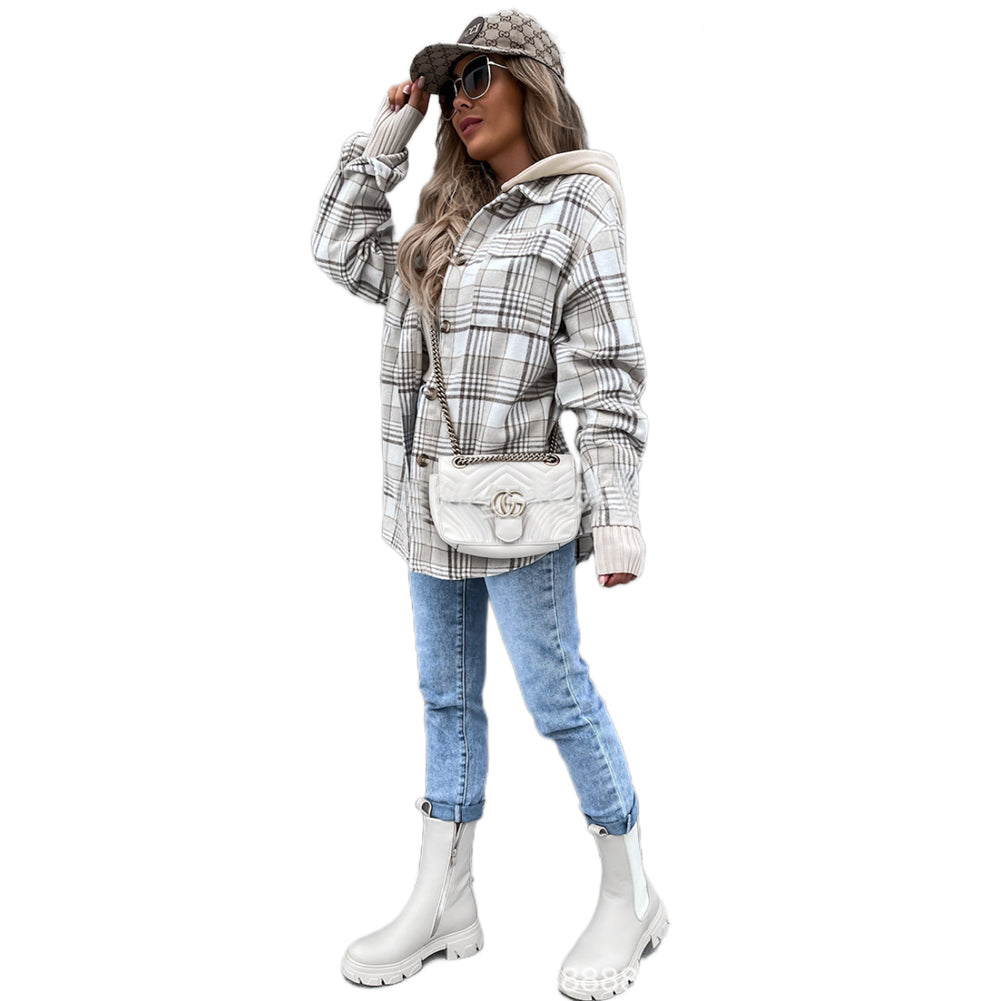 YESFASHION Women Jacket Fashion Hooded Wool Plaid Coats