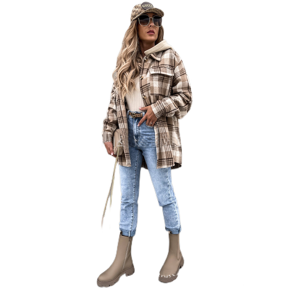 YESFASHION Women Jacket Fashion Hooded Wool Plaid Coats