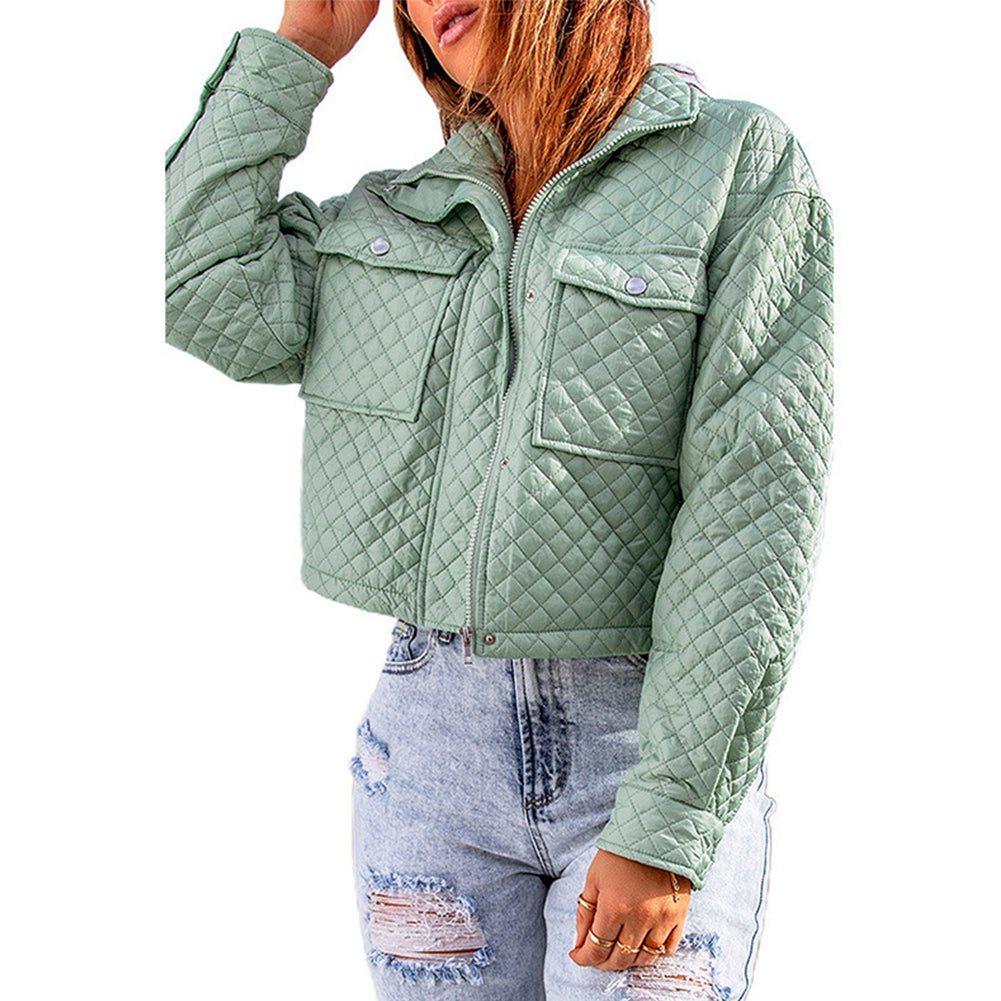 YESFASHION Lapel Solid Color Loose Zip Cropped Jacket Coats