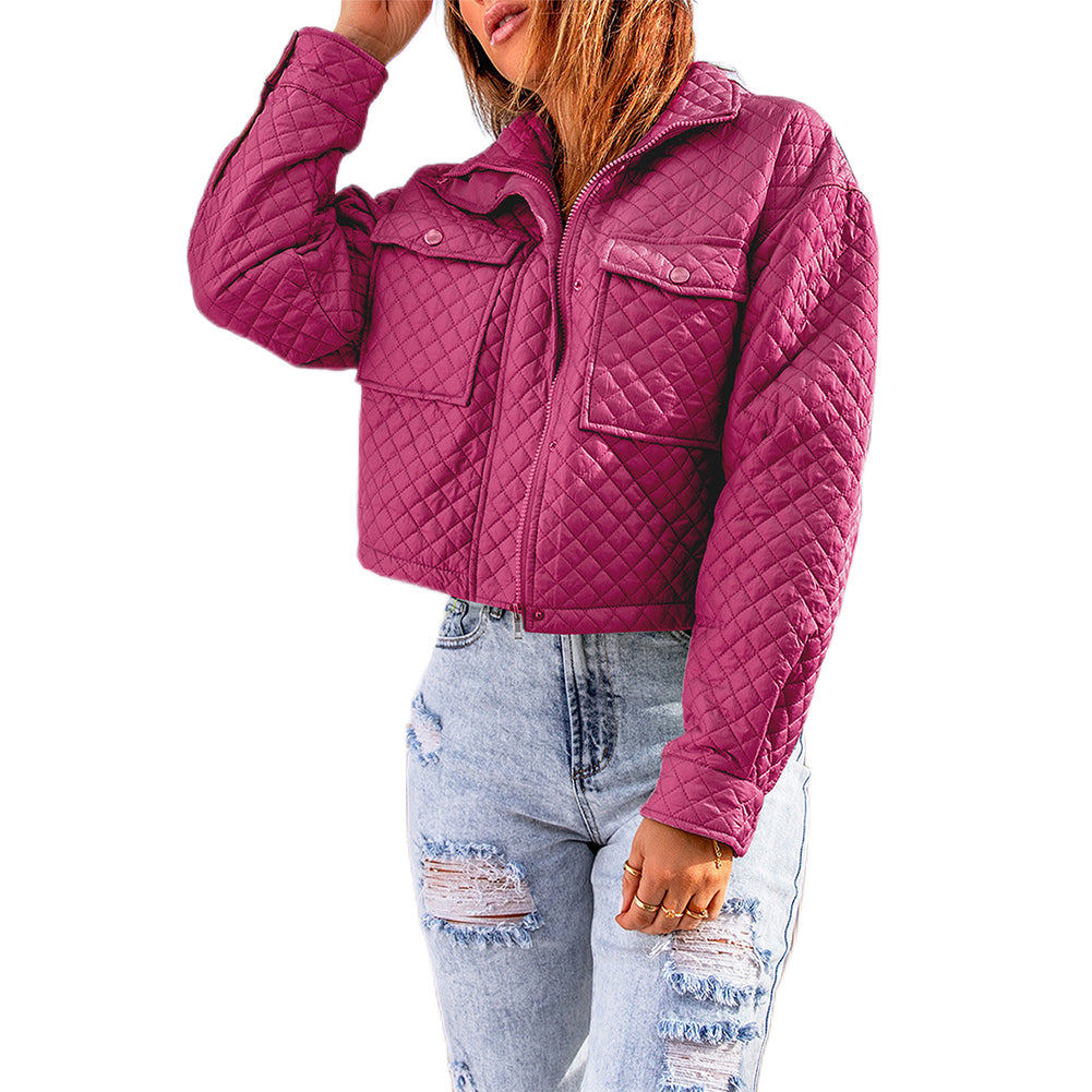 YESFASHION Lapel Solid Color Loose Zip Cropped Jacket Coats