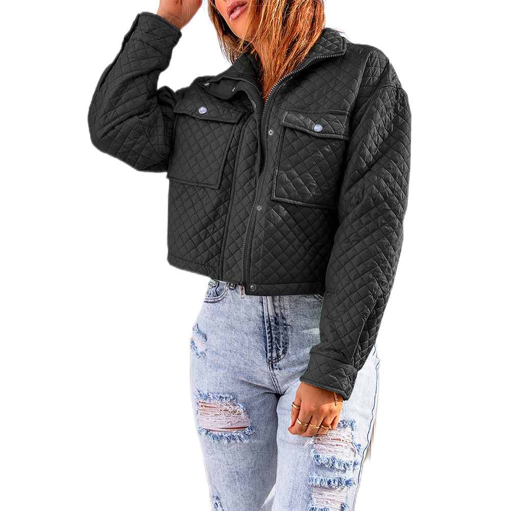 YESFASHION Lapel Solid Color Loose Zip Cropped Jacket Coats