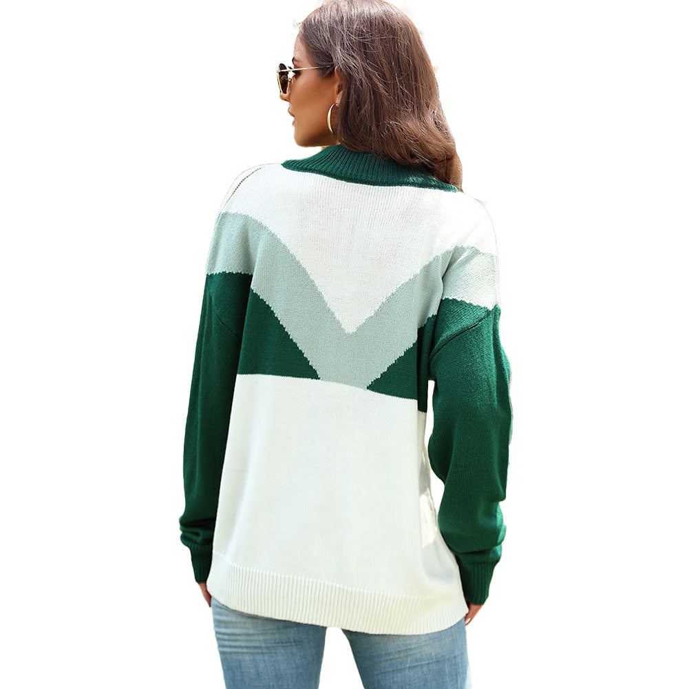 YESFASHION Women Colorblock Stand Collar Long Sleeve Sweaters