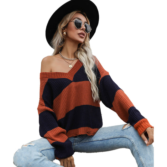 YESFASHION Women Fall Long Sleeve Colorblock Loose V-neck Sweaters