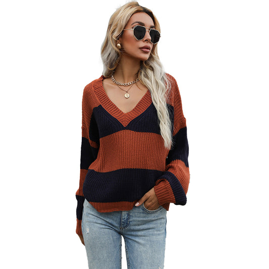 YESFASHION Women Fall Long Sleeve Colorblock Loose V-neck Sweaters