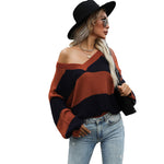 YESFASHION Women Fall Long Sleeve Colorblock Loose V-neck Sweaters