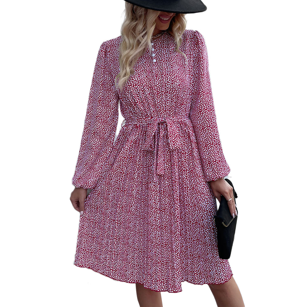 YESFASHION Women New Pleated Print Long Sleeve Dress