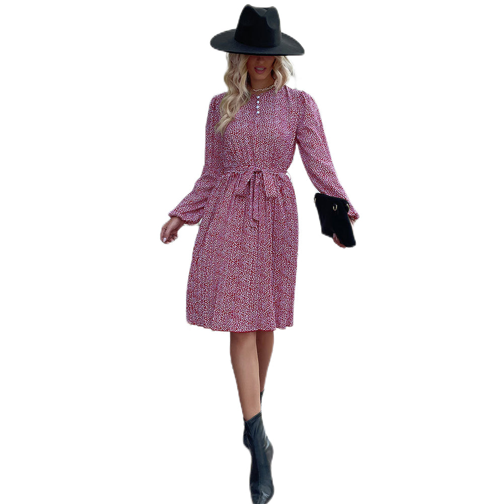 YESFASHION Women New Pleated Print Long Sleeve Dress