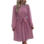 YESFASHION Women New Pleated Print Long Sleeve Dress