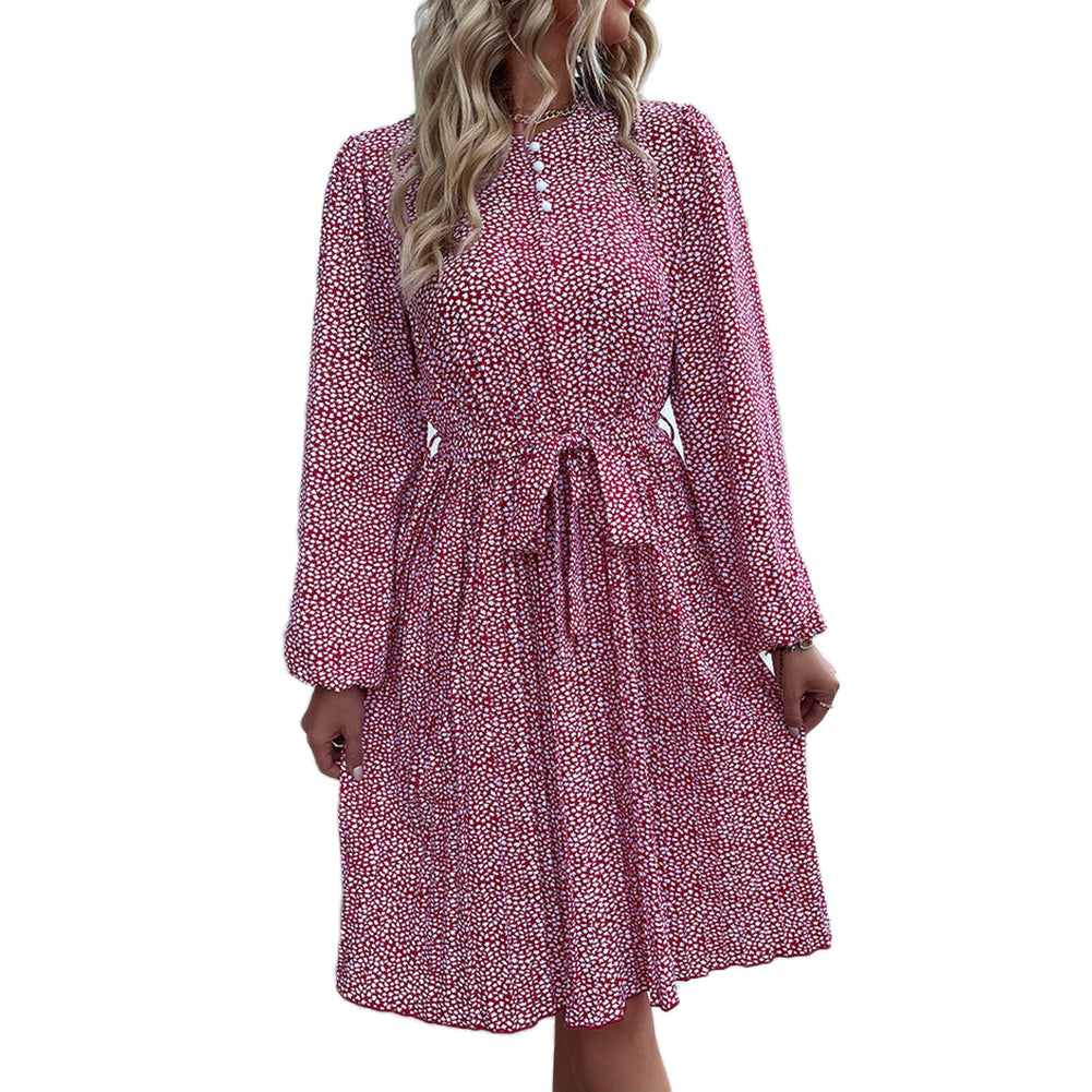 YESFASHION Women New Pleated Print Long Sleeve Dress