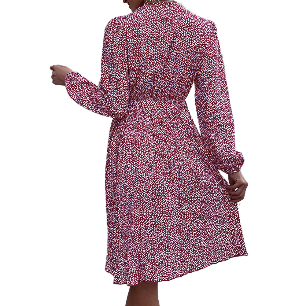 YESFASHION Women New Pleated Print Long Sleeve Dress