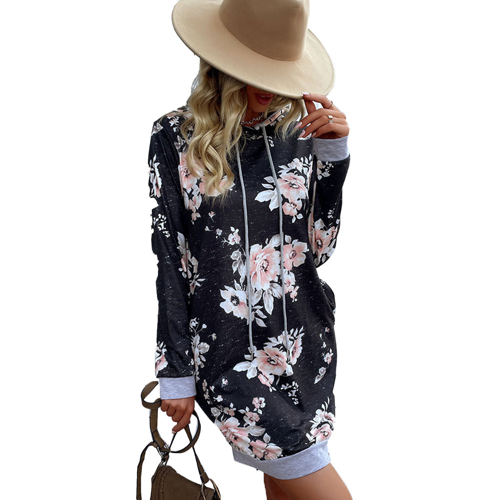 YESFASHION Loose Printed Long-sleeved Hooded Sweater Dress