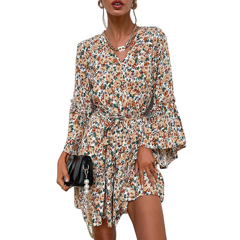 YESFASHION Women New V-neck Printed Long Sleeve Pre-fall Dress